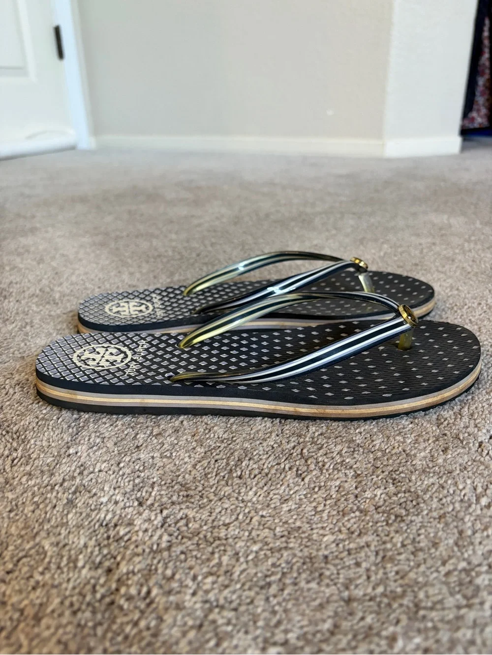 Tory Burch Navy and White Flip Flop Sandals with Classic Gold Logo Accents